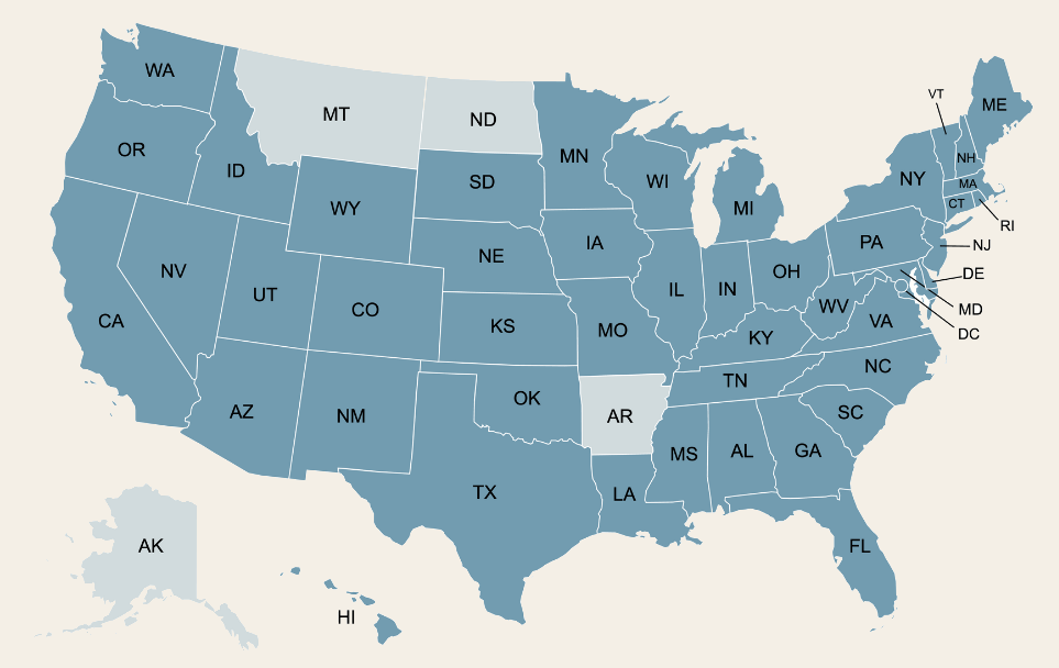Map of the United States showing the 46 states where EAF has provided support
