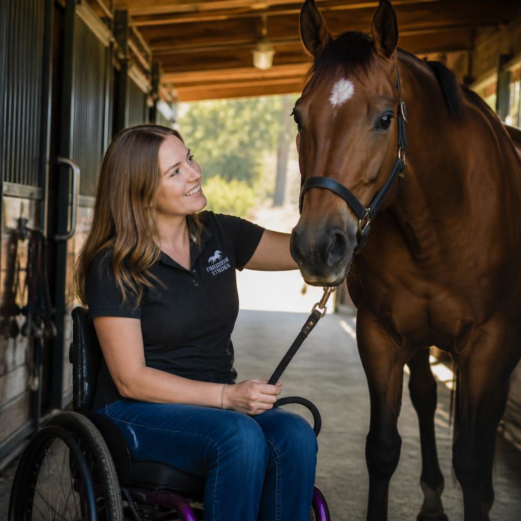 A smiling woman in a wheelchair beside a horse, representing hope and recovery