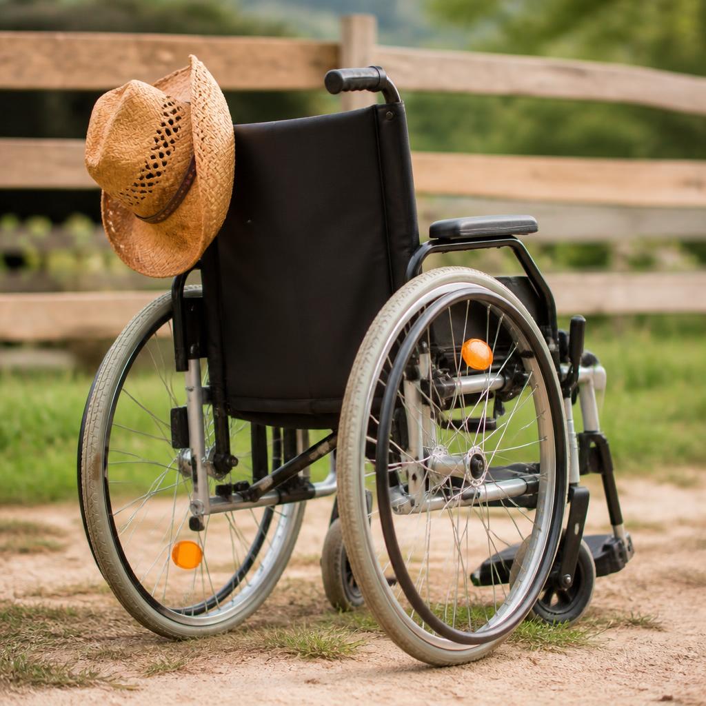 A wheelchair with a cowboy hat resting on the handles, symbolizing the equestrian community